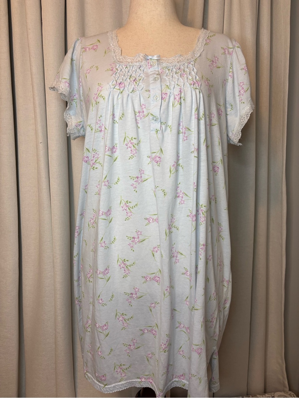 Lori  Floral Short-Sleeve Nightgown - Light Blue with Pink Blossoms  3X